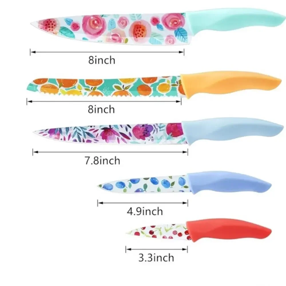 5-piece Kitchen Knife Set Nonstick Coated Stainless with Blade Guard New in Box